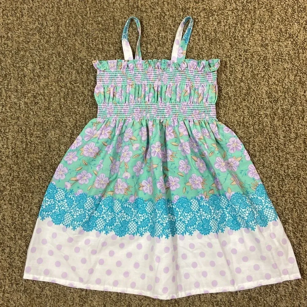Handmade Floral and Polka Dot Sundress Kids Size Approximately 3T Not Tag